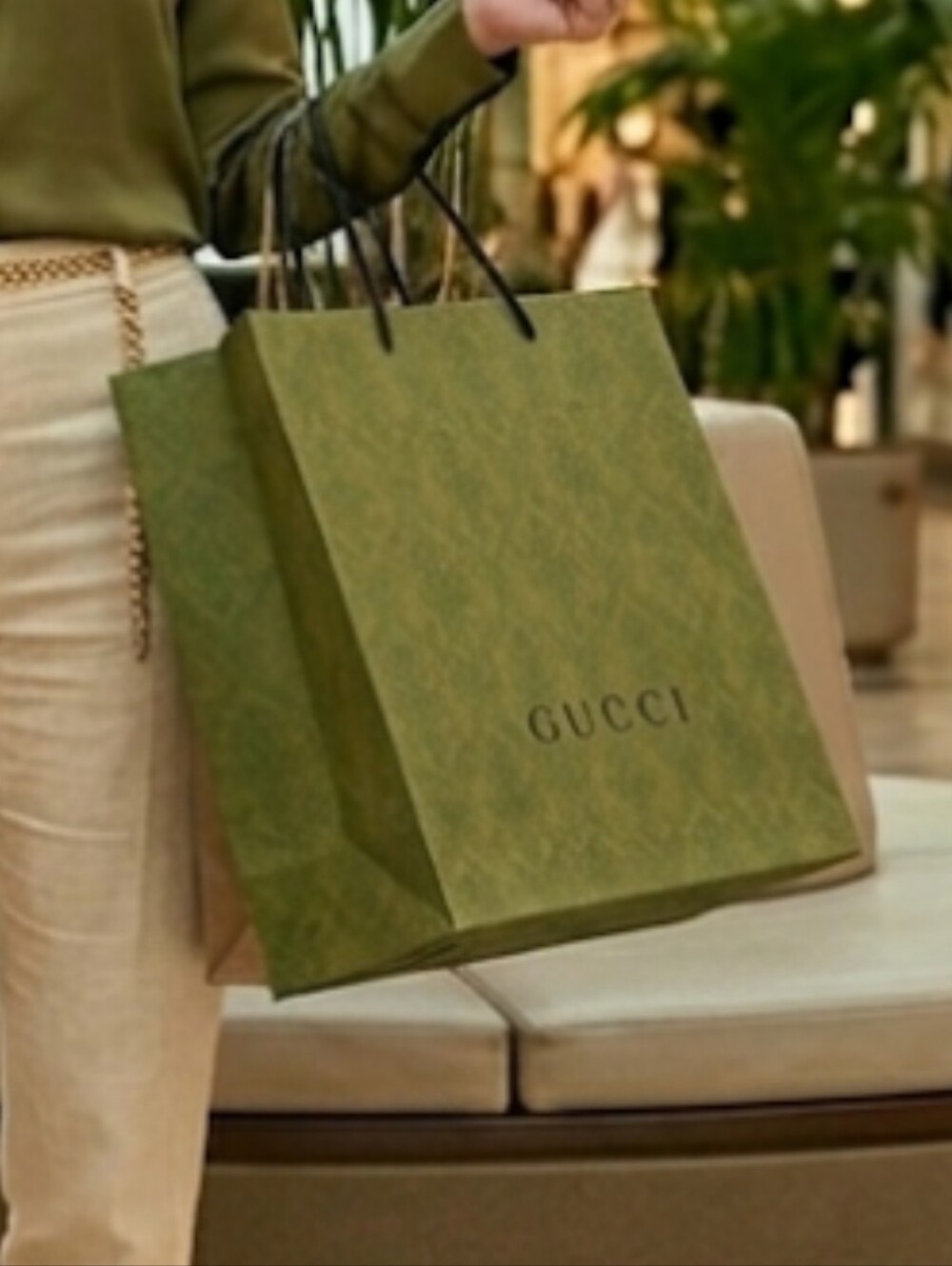 Gucci Olive Green Embossed Paper Shopping Bag